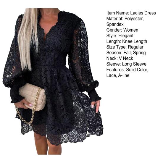 Женское осеннее платье, кружевное ажурное трапециевидное платье со свободным подолом, v-образным вырезом и длинным рукавом, однотонное женское платье миди длиной до колена
