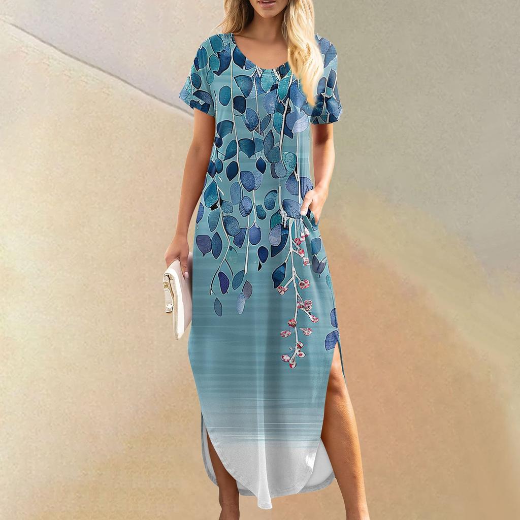 Женские летние повседневные свободные пляжные макси длинные платья с V-образным вырезом и короткими рукавами, модные наряды