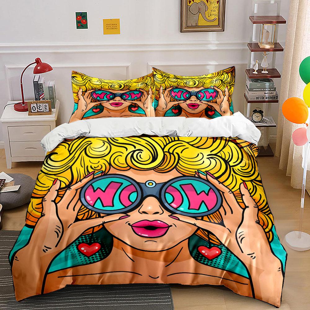 Pop Art Woman with WOW Glasses Bedding Duvet Cover Set (1*Duvet Cover 2*Pillowcases, without duvet insert)