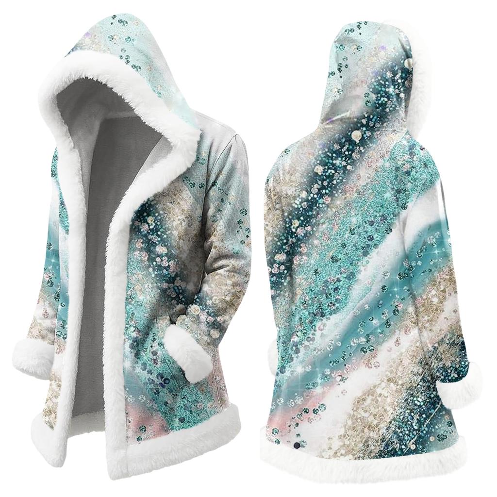 Unisex Casual And Fashionable Plush Collar Hooded Long Sleeved Floral Gradient Printing Jacket