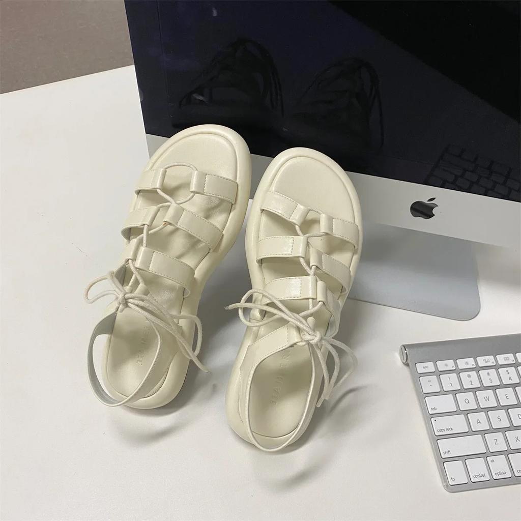 Summer Women's Flat Sandals Band Straps Solid Ankle Lace Shoes Women Dress Retro Rome Classic Summer Leisure Sandalias De Mujer