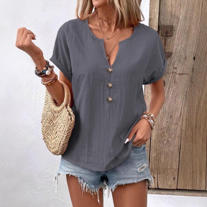 women v neck linen blend t shirt short sleeve button detail casual top