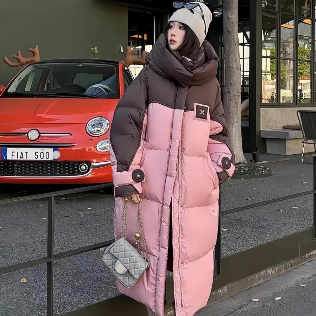 Winter Contrast Color Cotton-padded Jacket Women Overcoat Long Bread Clothing Korean Hooded Loose Thick Warm Parka