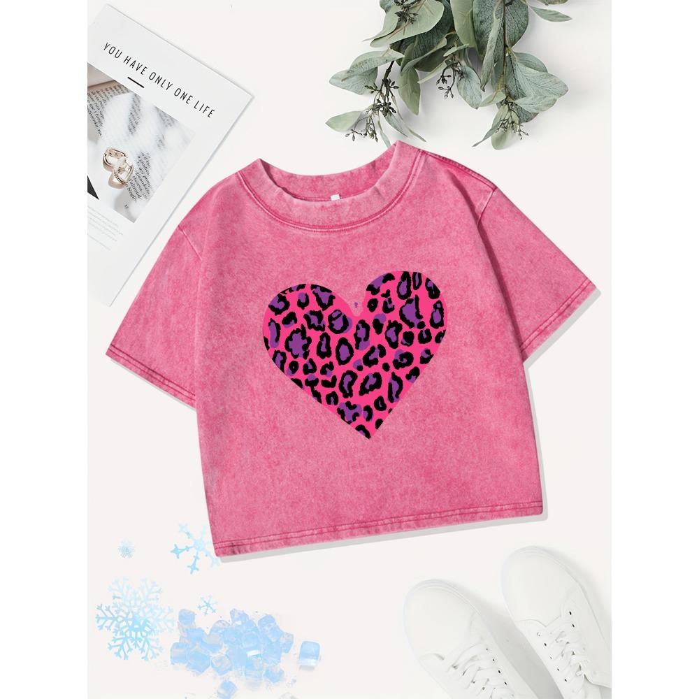 Summer Cotton Crop Tops Womens Pink Leopard Heart Prints Washed T-Shirts Distressed O-Neck Regular Fit Clothes