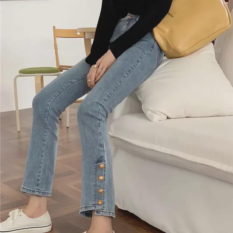 Женские джинсы с высокой талией и разрезом по низу, широкие - ранняя осень, большой размер