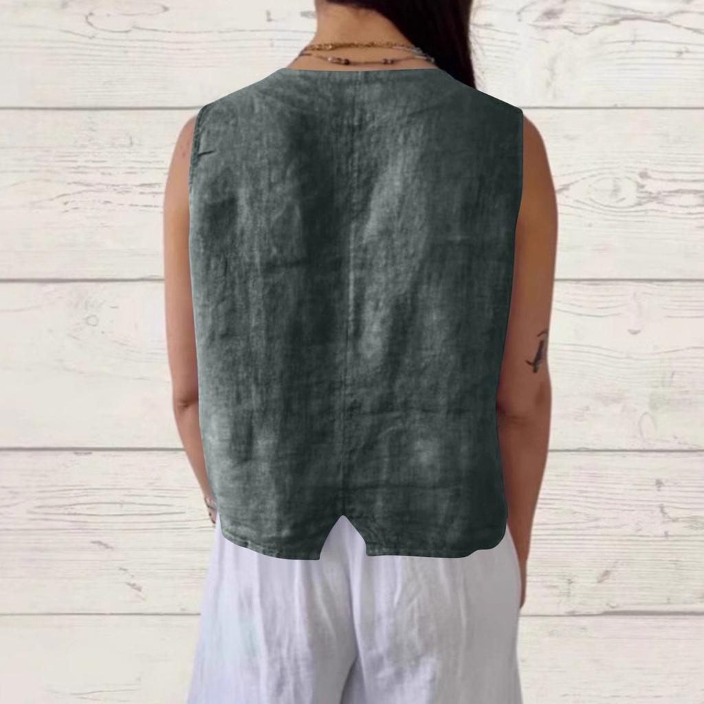 Ladies' Casual Solid-color Button-down Cotton And Linen Vest Sleeveless Cardigan