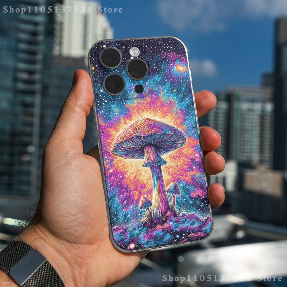 Trippy Magic Mushroom Art Phone Case For iPhone 17,16,15,14,13,12,11 Pro,Max,Plus,X,XS,XR,SE4,E Mini Transparent Soft Cover