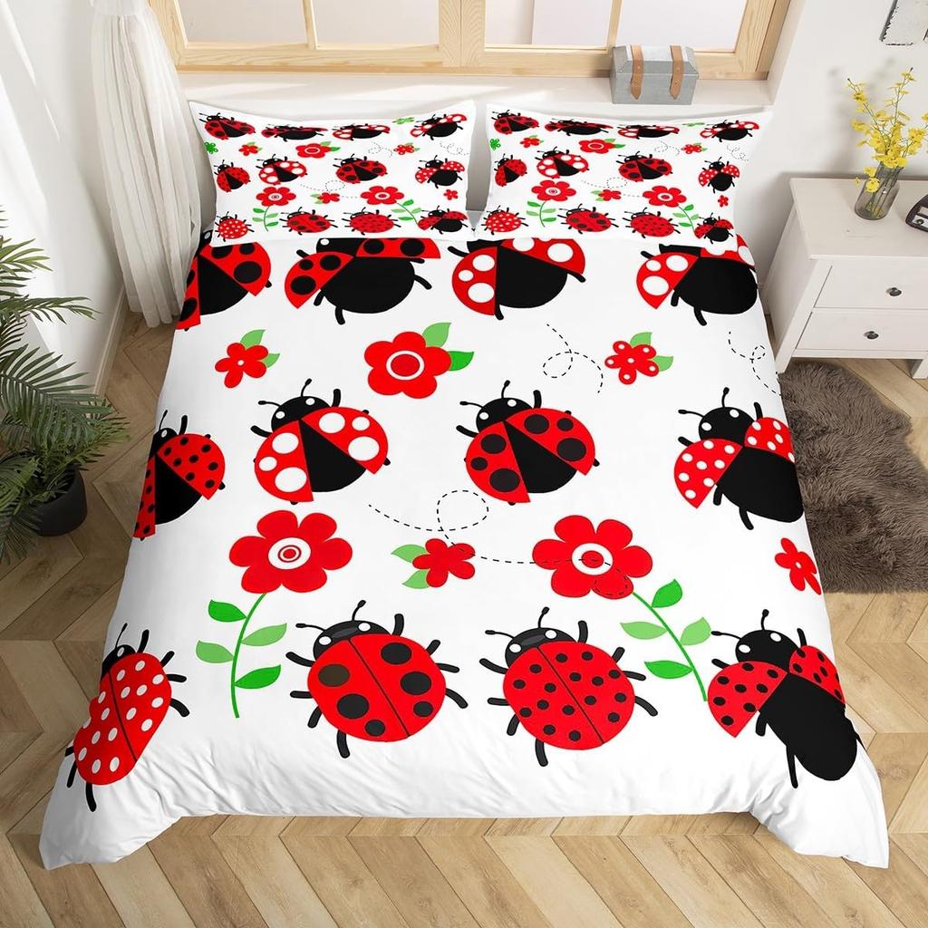 Cute Ladybug Duvet Cover Twin Queen Cartoon Animal Ladybird Insect Bedding Set Kawaii Wildlife Love Heart Print Comforter Cover