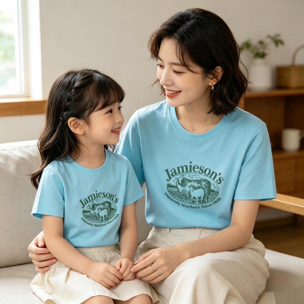 100% Cotton Lamb Print Mother-Daughter Matching Short Sleeve T-Shirt - Round Neck, Casual Top