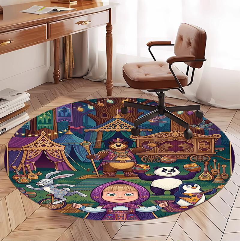 Masha and the Bear Pattern Round Rug, Indoor/Outdoor Mat, for Picnic, Gameroom, Bedroom, Office, Living Room, Home Decor Carpet, Birthday Gift