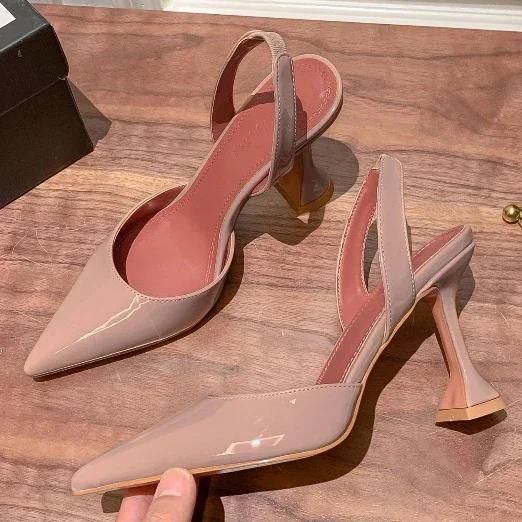 Туфли на каблуке цвета бокала для вина с острым носком, женские, лето 2024 г., новая корейская версия сандалий со свободным ремешком The Hollow Bag Head