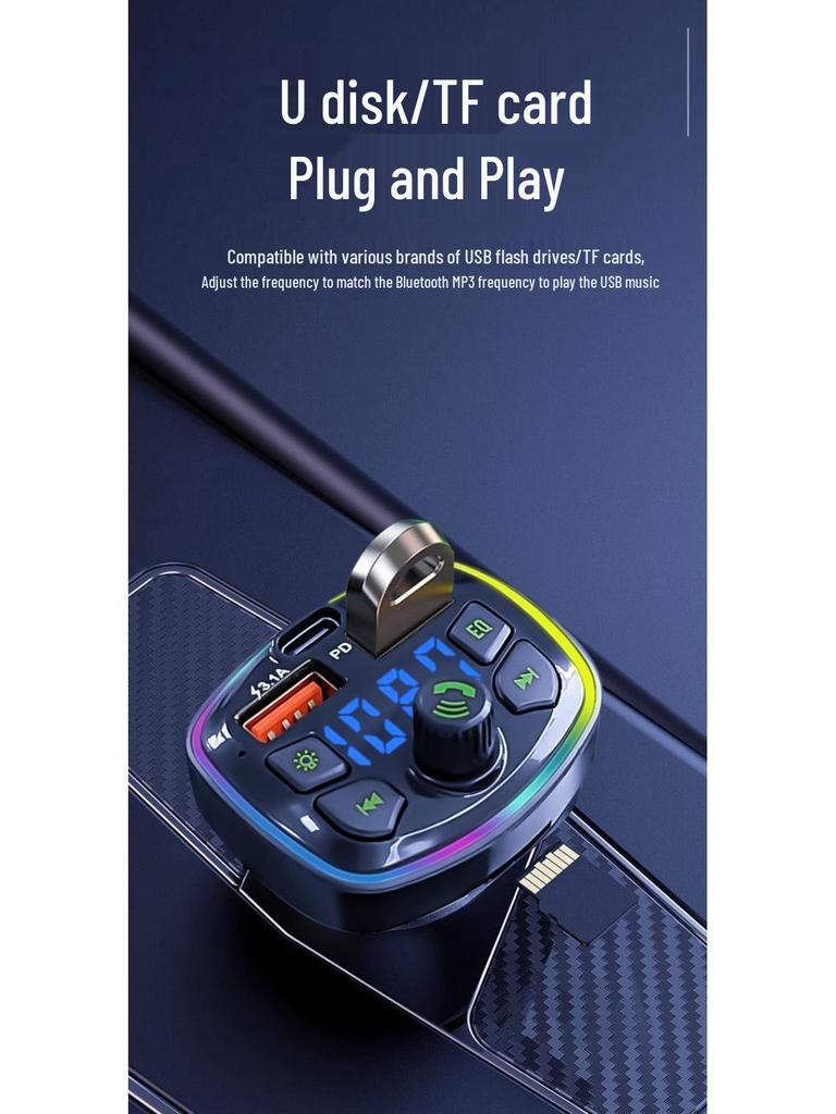 Q7 Автомобильное Bluetooth-зарядное устройство с быстрой зарядкой, цифровым дисплеем, подсветкой и слотом для TF-карты