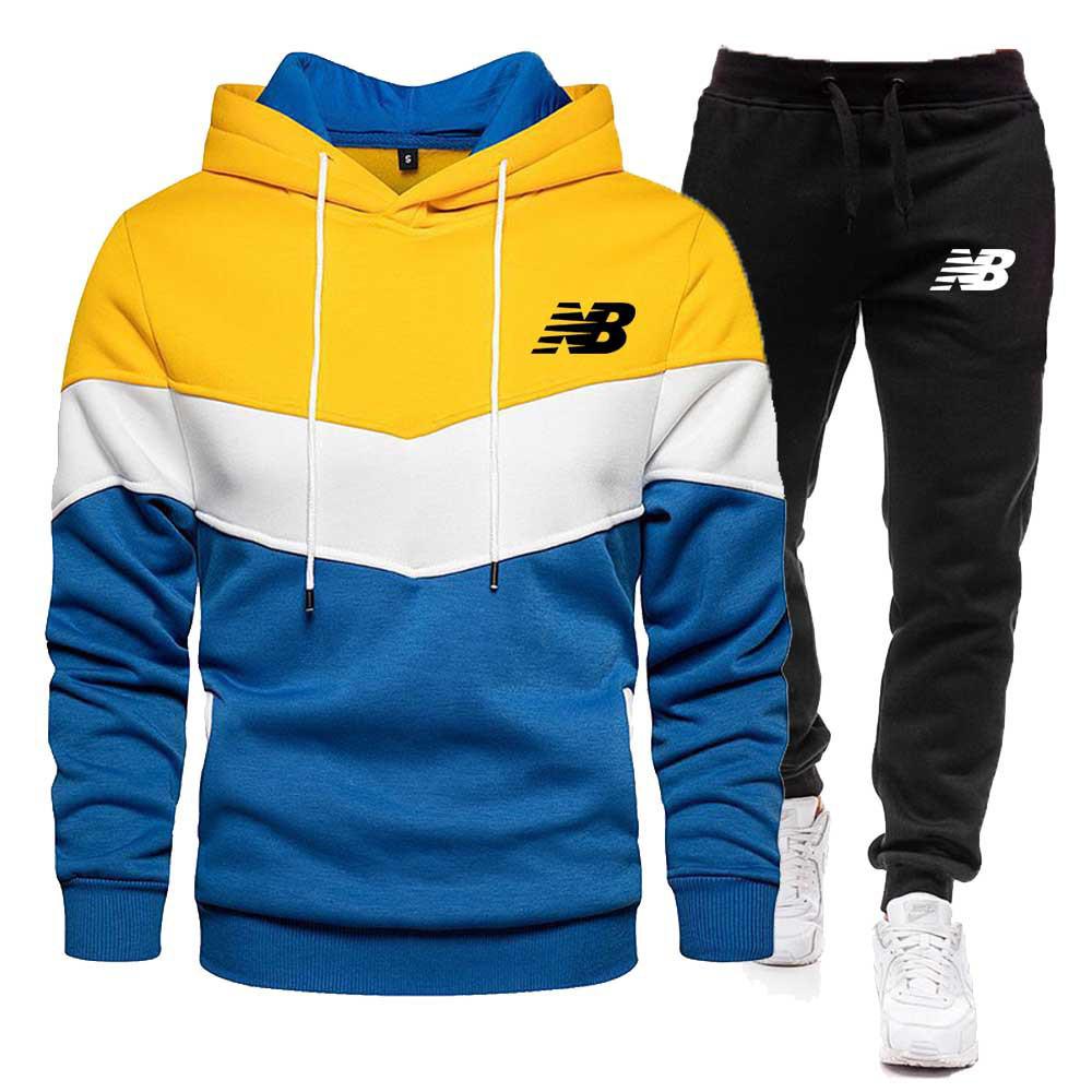 Men's Color-Block Hooded Sweatshirt & Sweatpants Set for Spring and Autumn