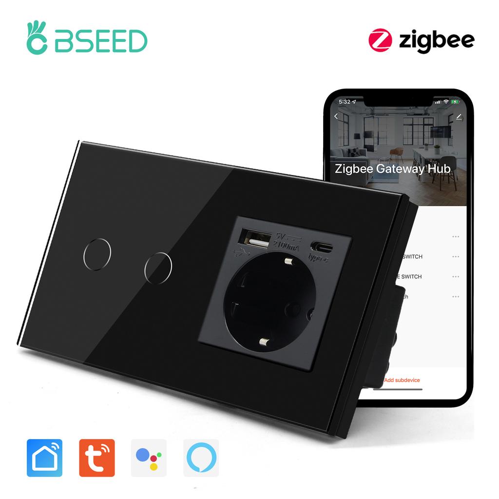 BSEED Zigbee настенные сенсорные выключатели 1/2/3 клавиши с обычной EU розеткой и портами USB Type-C, управление через приложение Tuya Smart Life, стеклянная панель