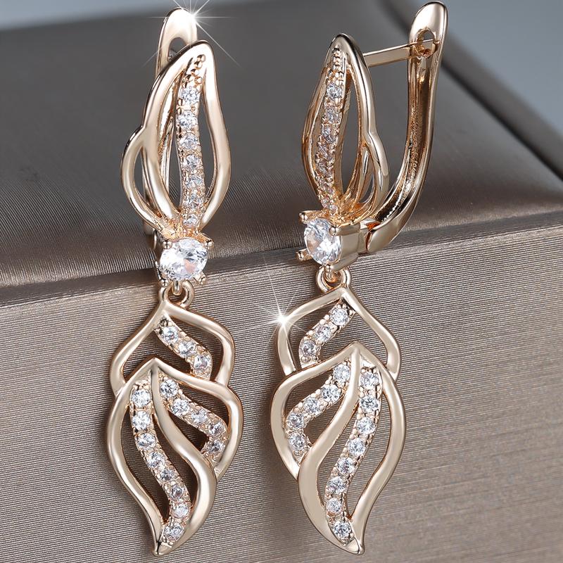 Exquisite Zircon Hollow Leaf Drop Earrings for Women Luxury Gold Color Long Dangle Earrings Wedding Party Jewelry