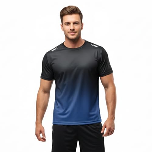 Men's Gradient Athletic T-Shirt, Short Sleeve Stretch Crew Neck Sports Top for Running Gym and Training