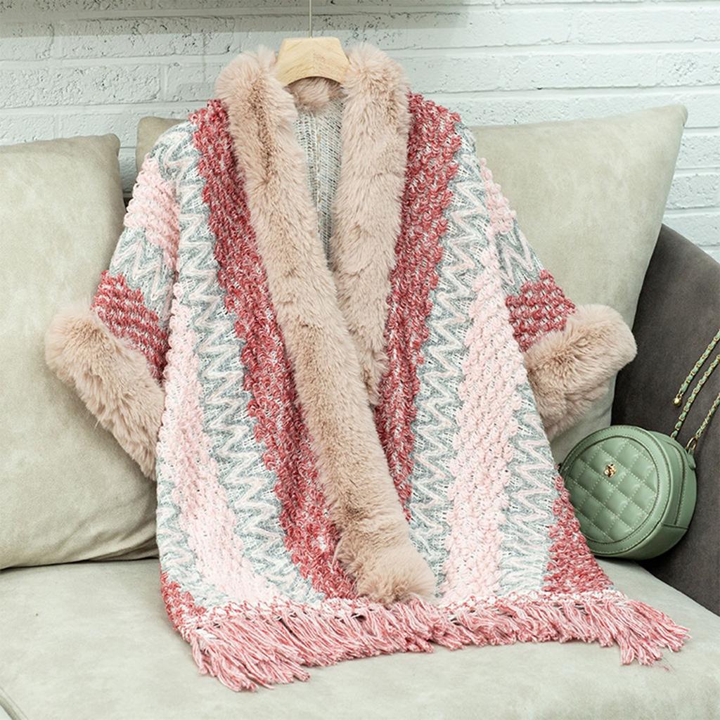 Women's Fashion Striped Fringe Knitted Shawl Cape Cape All Over The Cape With Scarf Sweater