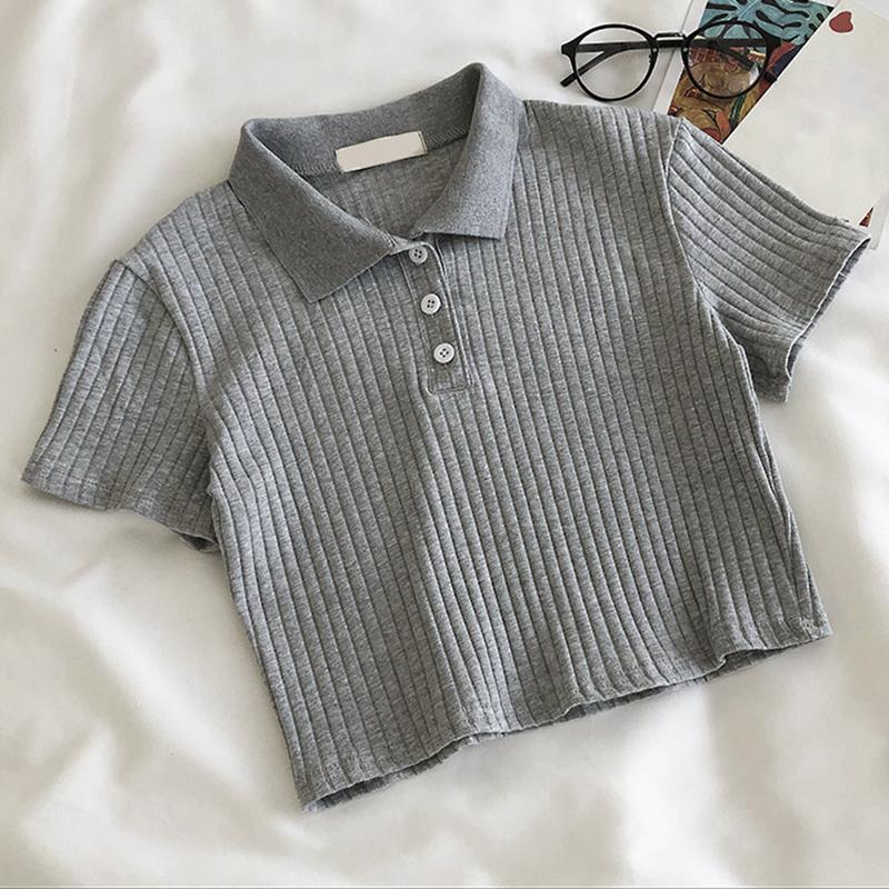 Шикарные футболки с воротником-поло, женские корейские укороченные топы в стиле Харадзюку, футболки на пуговицах, облегающие женские рубашки с короткими рукавами, уличная одежда