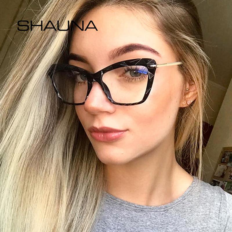 SHAUNA Spring Hinge Unique Faceted Eyeglasses Frame Women Transparent Cat Eye Glasses UV400