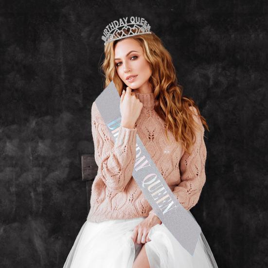 Birthday Queen Tiara Sash Set Rhinestone Cown Comb Happy Birthday Sash Festive Headwear for Women Party Decor