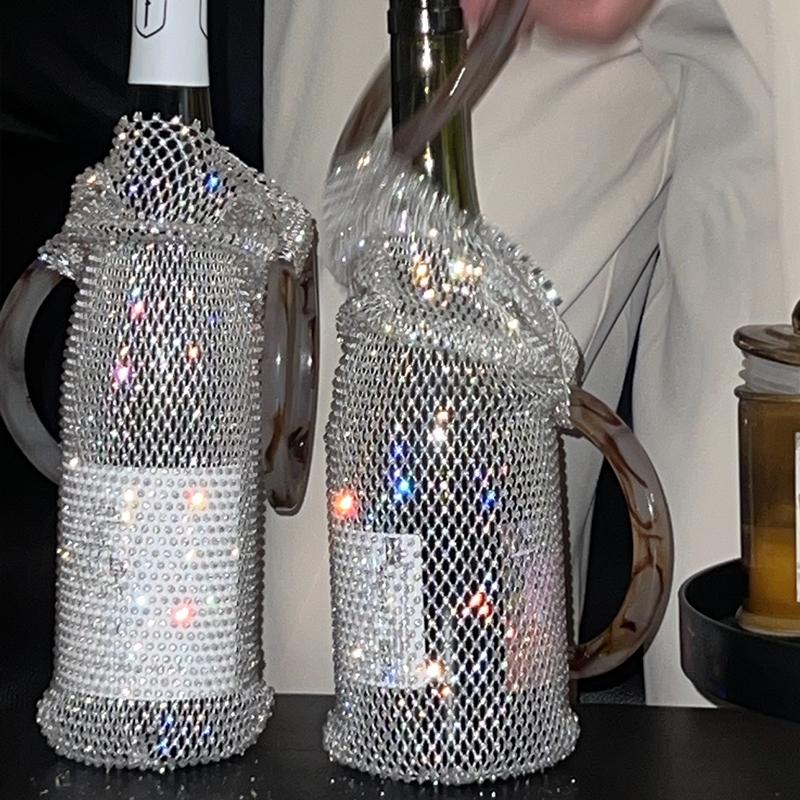 Shiny Diamond Woven Champagne Wine Bag Rhinestone Hand Handle Red Wine Gift Package Bag Wedding New Year High Value Wine Bag