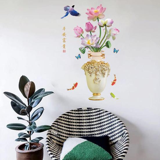 3D Большая ваза Наклейка на стену Цветок лотоса Наклейка Самоклеящаяся Сильная Липкость Водонепроницаемая