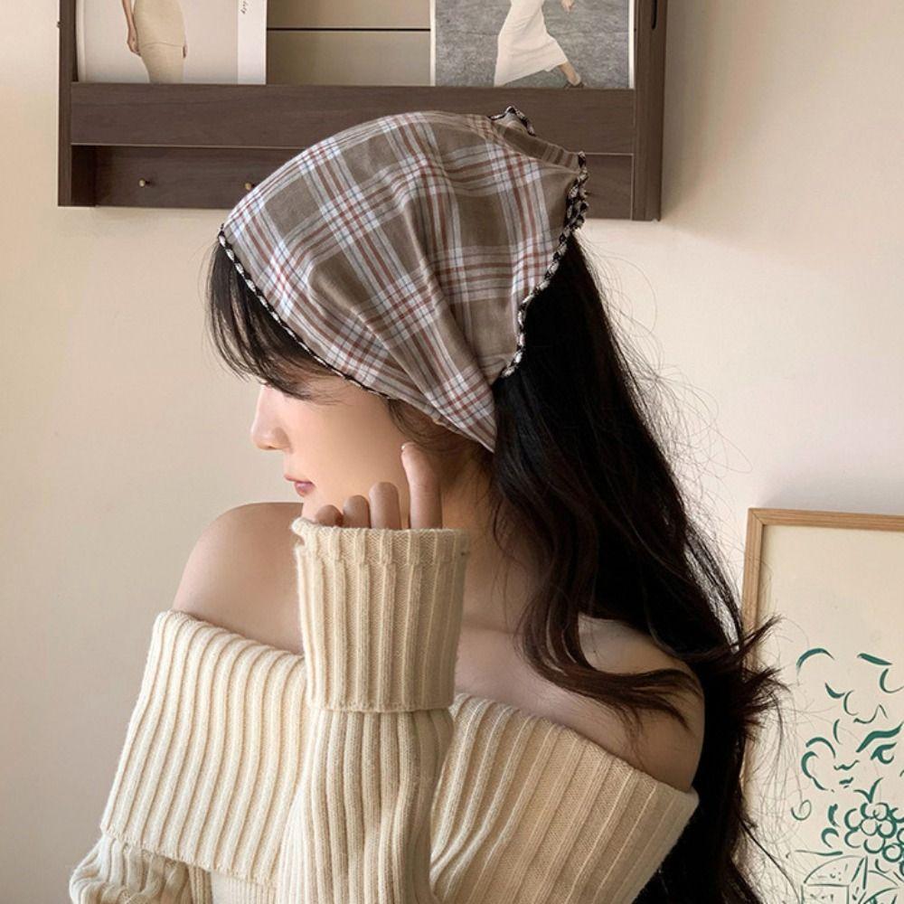 Cotton Pastoral Style Headscarf Thin Triangular Hair Band Lattice Headscarf Clothing Accessories