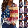 Women's Fashion Slit Hem Independence Day Printed Round Neck Long Sleeve Top