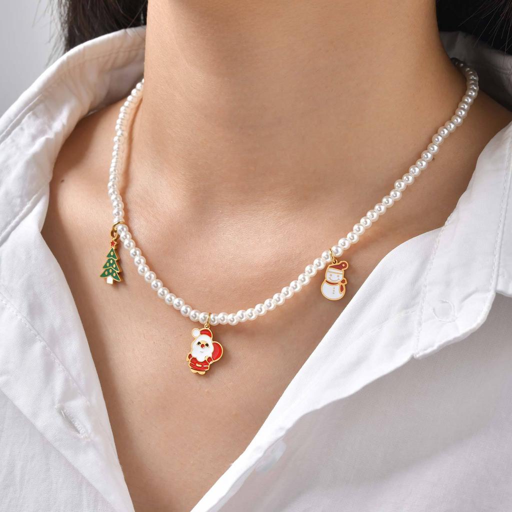 Нержавеющая сталь Санта-Клаус Рождественская елка Снеговик Imitation Pearl Бусины Ожерелье Женское, Рождественская цепочка для свитера Nc-1256