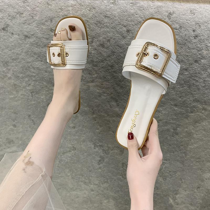 Slippers Women's Summer Is Good To Wear Square Buckles, One-word Drag Women's Flat-bottomed Sandals Are Fashionable and Casual