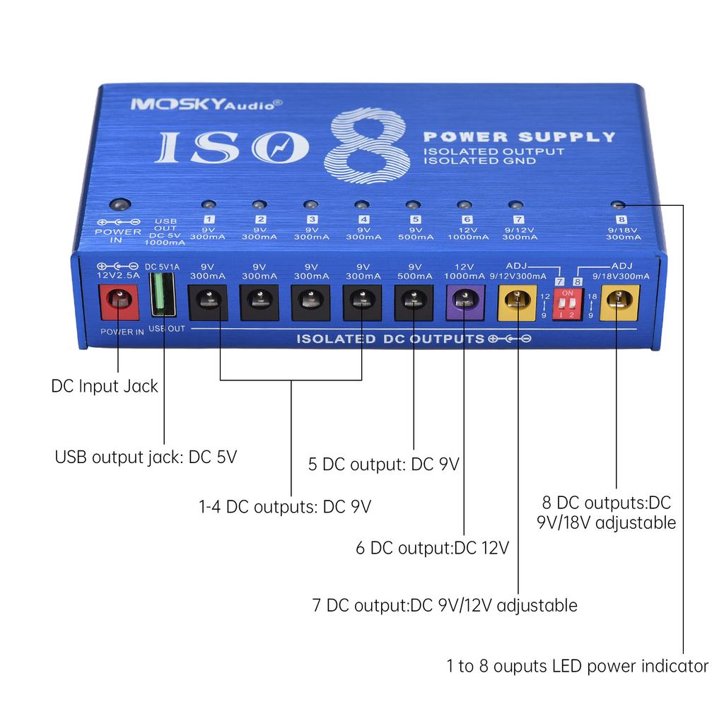 MOSKYAUDIO 9-Channel Musical Instrument Power Supply with Independent Short Circuit Protection LED