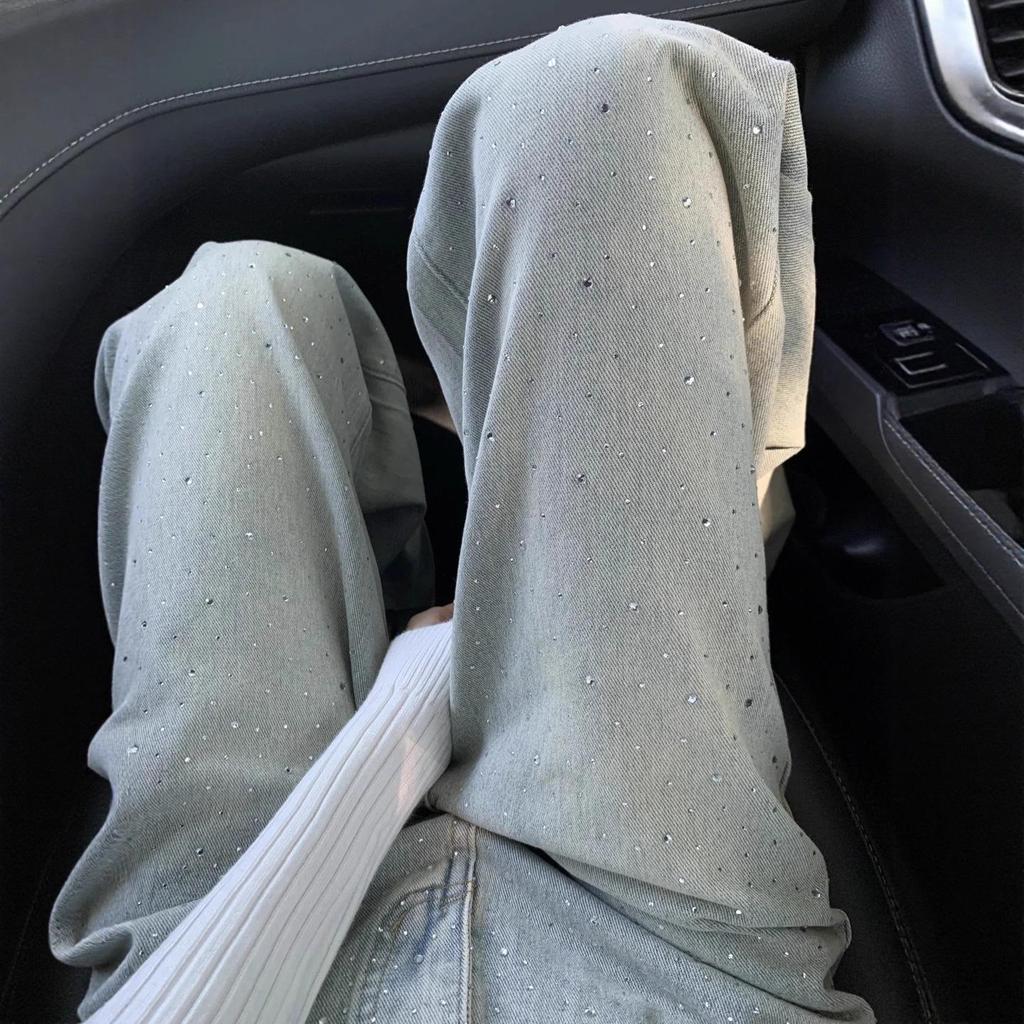 Women's Light Blue Slimming Wide-Leg Jeans with Hot Drill Design - Autumn 2025 Collection