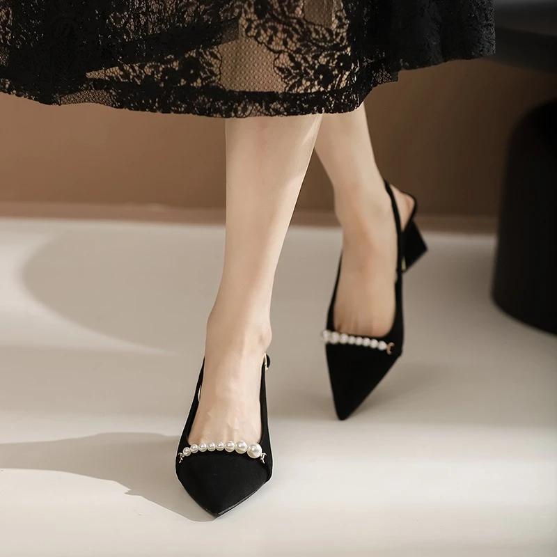 Французские туфли-чеонгсамы на высоком каблуке для женщин, летние новые черные босоножки Baotou на толстом каблуке, заостренные одинарные туфли