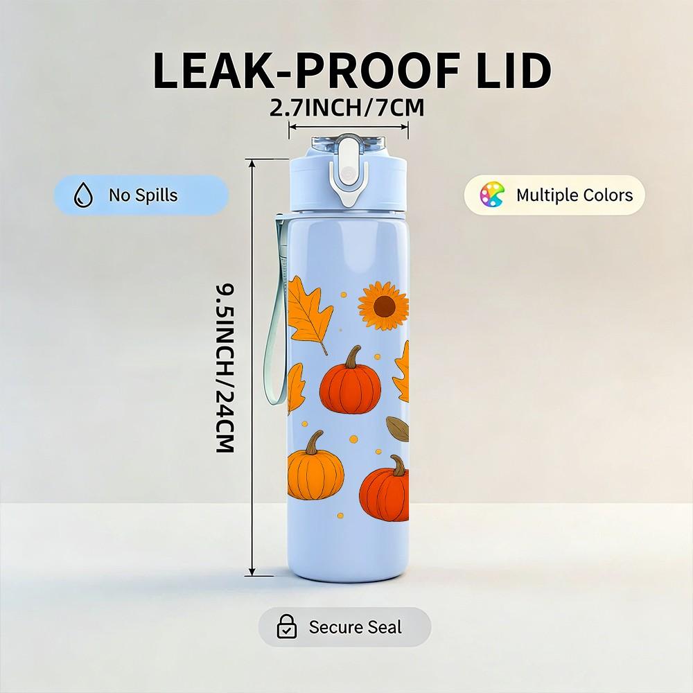 1PC Autumn Pumpkin Leaf Harvest Pattern 750ml Color Plastic Sports Water Bottle Leakproof Flip Straw Lid Suitable for Sports Office Home Use
