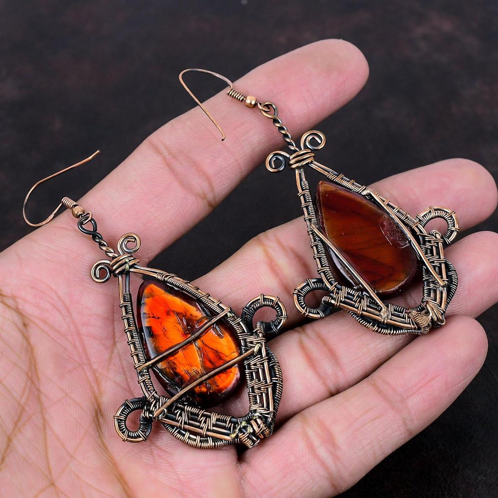 Серьги с красным огнем и лабрадоритом, серьги из медной проволоки, серьги ручной работы, медные ювелирные изделия, серьги с драгоценными камнями, подарок для женщин, совершенно новые серьги