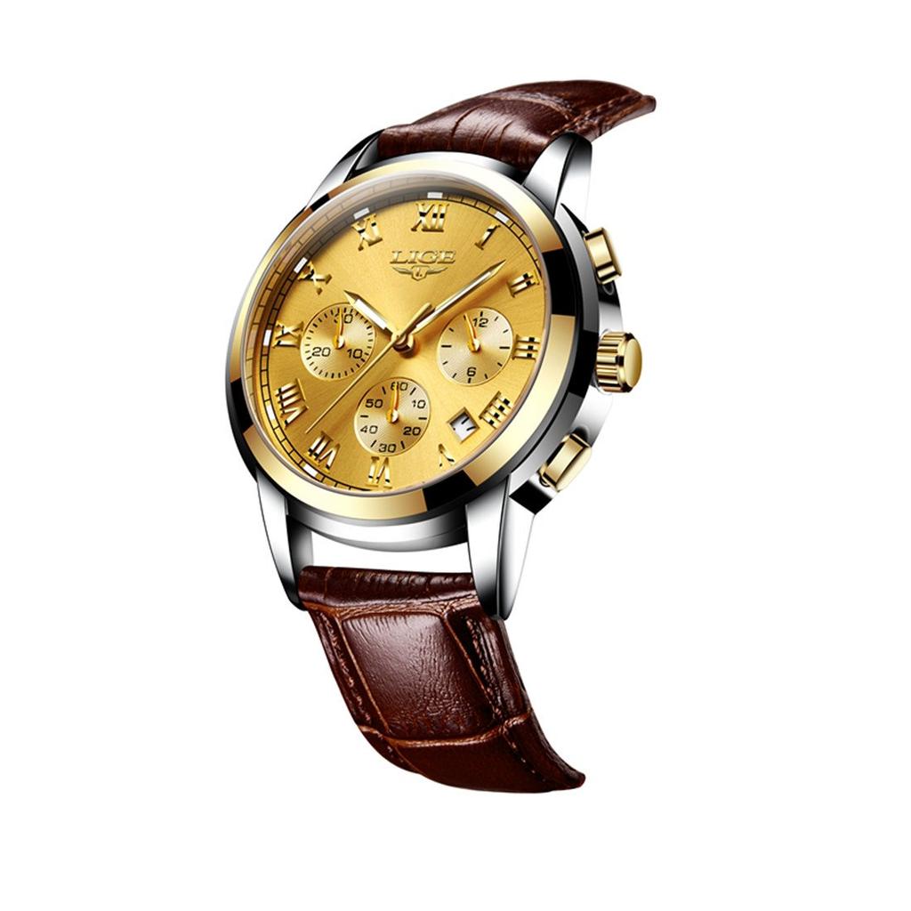 Часы LIGE 9810L для отдыха, моды, бизнеса, водонепроницаемые, с ремешком, многофункциональные, светящиеся, полностью мужские, золотого цвета.