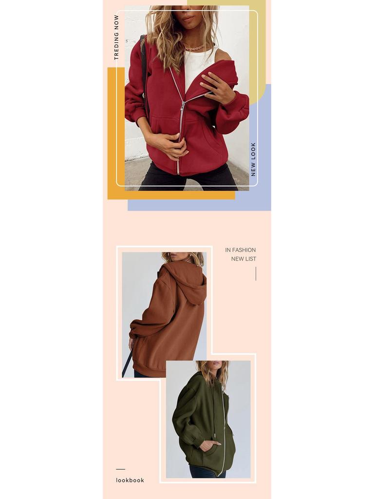 2023 Модная женская однотонная куртка-кардиган с капюшоном на молнии и карманами