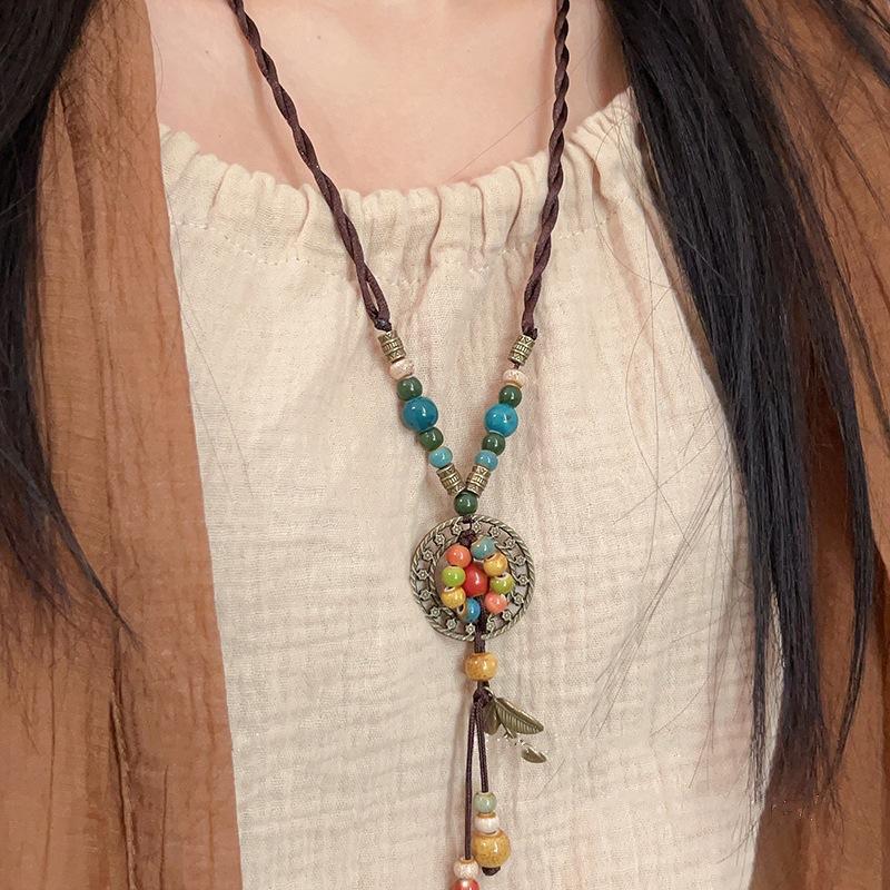 New Chinese ethnic style retro bohemian Jingdezhen ceramic braided rope necklace high-end female Zen accessories