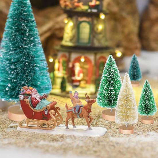 56 Pcs Mini Christmas Trees Set Sisal Snow Frosted Bottle Brush Trees with Wooden Base Miniature Artificial Pine Tree for Winter Home Tabletop Decor