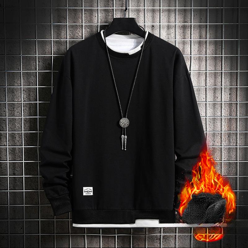Свитер мужской осенне-зимний флисовый длинный рукав футболка мужской подростковый поддельный двухсекционный свитер с круглым вырезом повседневный топ мужской