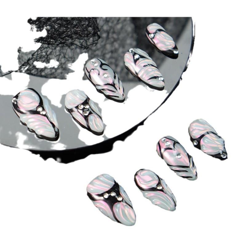 Gothic Style Press-On Nails With Hand-Painted Geometric Lines Black Holographic Effect Almond Shape Women