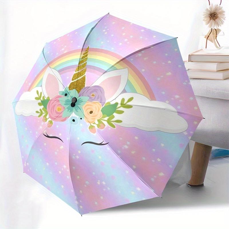 Unicorn,Rainbow Themed Automatic Folding Umbrella 8 Ribs Durable Iron Frame, Vibrant Color Design, Compact Travel Umbrella for Beach, Outdo
