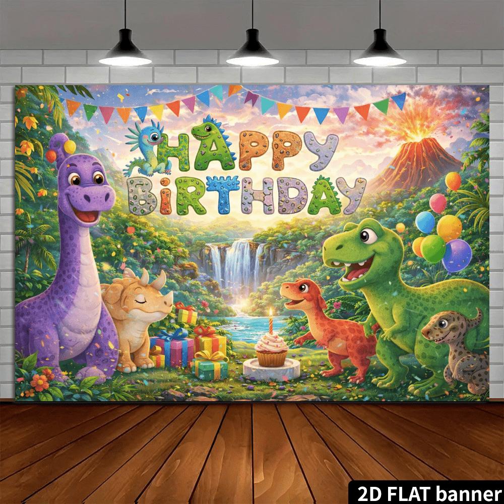 2D flat cartoon dinosaur birthday banner background fabric - Colorful dinosaur family gathering