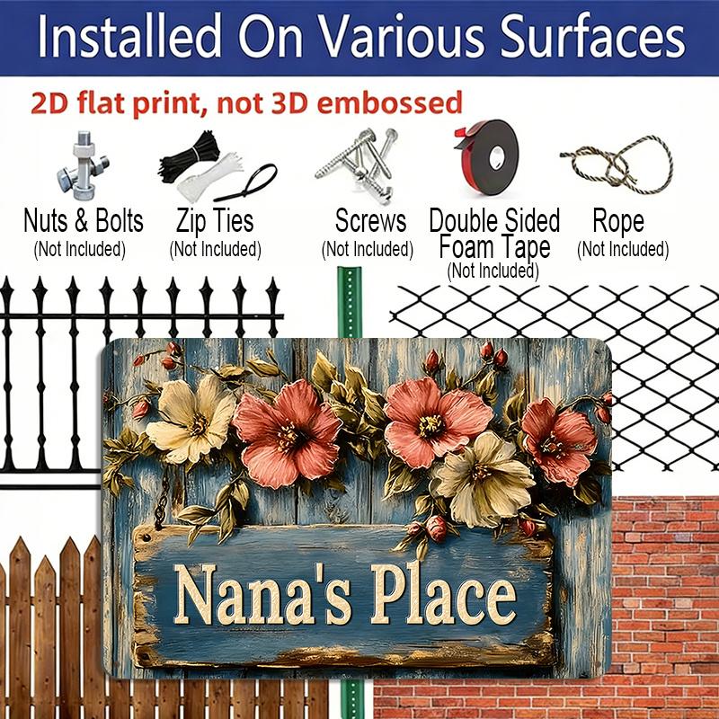 2D Flat 1pc 12"x8" Retro Floral Aluminium Wall Art with "Nana's Place" Quote - Vintage Grandma's Home Decor, Rustic Flower Design, Durable Metal Sign