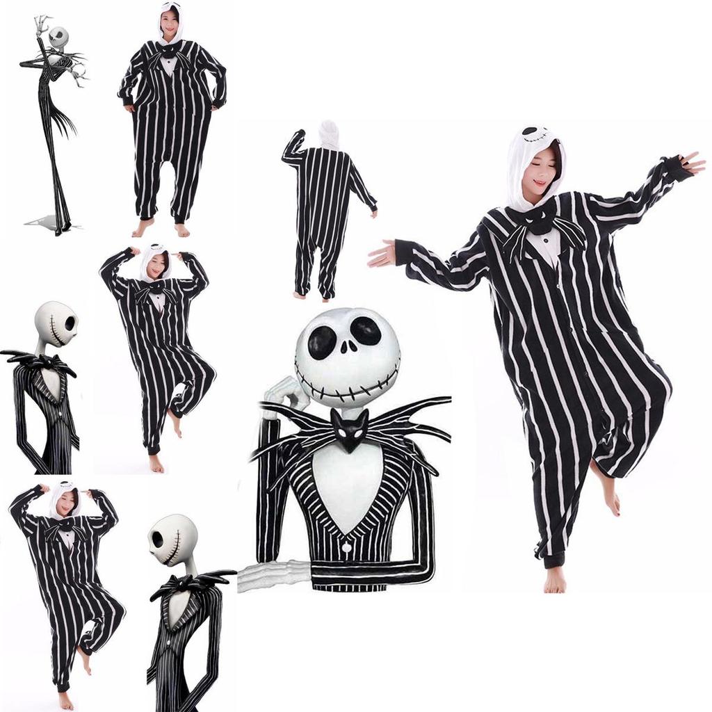 Cozy Nightmare Before Christmas Jack Pattern Sleepwear Jumpsuit With Hood And Tuxedo Design