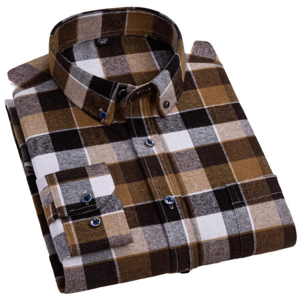 Men's Fashion Brushed Flannel Plaid Striped Shirts Single Patch Pocket Comfortable 100% Cotton Long Sleeve Standard-fit Shirt