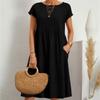Весенне-летние женские хлопковые льняные платья большого размера, однотонное повседневное платье с коротким рукавом и круглым вырезом