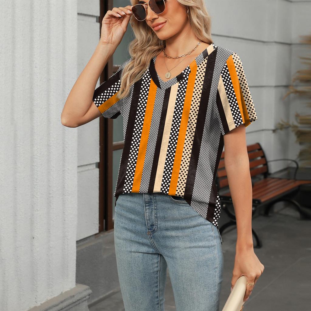 Women's Fashion V Neck Floral Print Short Sleeved Pullove T-shirt Top