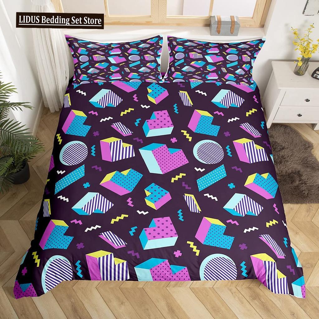 Retro Memphis Style Duvet Cover Set Galaxy Fashion Style Geometric Shapes Bedding Set Full,Hipster Old Fashioned Comforter Cover