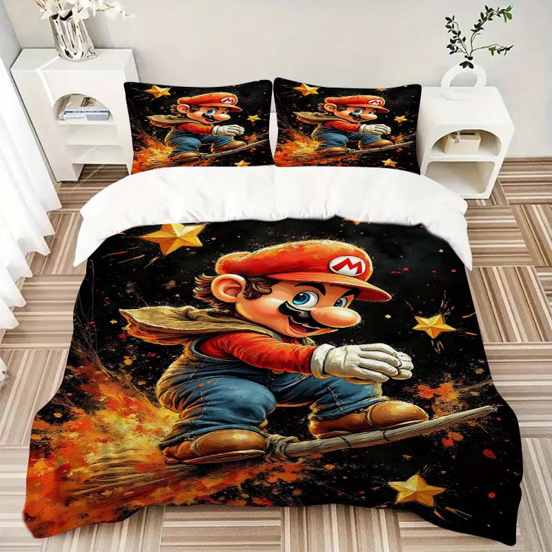 3 шт. Постельное белье с принтом Super Mario, Мягкий и удобный пододеяльник для спальни, гостевой комнаты (1 Пододеяльник + 2 Наволочки, Наполнитель для подушек N